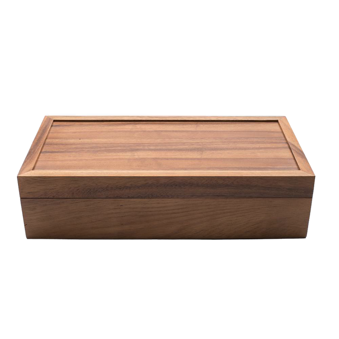 Handcrafted acacia wood tea box with a smooth, hinged lid and rich natural grain, designed for organized tea storage in Kitchen & Food and Brewing Coffee and Tea collections.