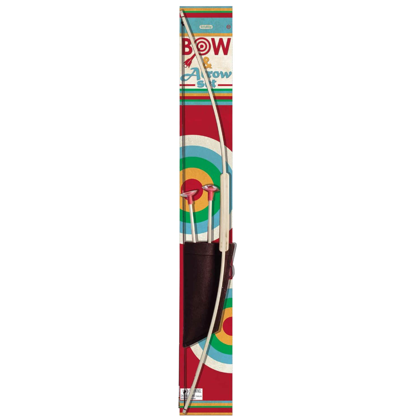 Toy archery set featuring a wooden bow, two suction cup arrows, and a quiver, packaged with colorful target graphics, ideal for indoor and outdoor play for children ages 6 and up.