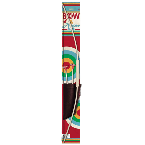 Toy archery set featuring a wooden bow, two suction cup arrows, and a quiver, packaged with colorful target graphics, ideal for indoor and outdoor play for children ages 6 and up.