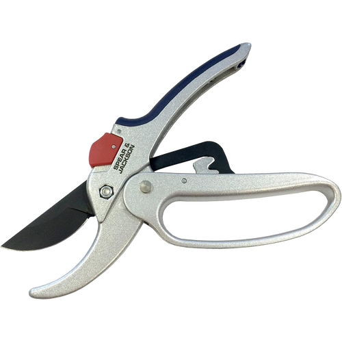Geared anvil pruning shears with silver metal handles and black cutting blade, designed for easier pruning of woody branches, featured in Farm, Garden & Tool and Lawncare collections.