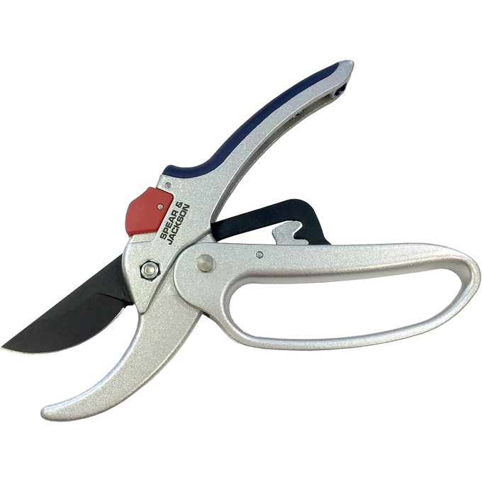Geared anvil pruning shears with silver metal handles and black cutting blade, designed for easier pruning of woody branches, featured in Farm, Garden & Tool and Lawncare collections.