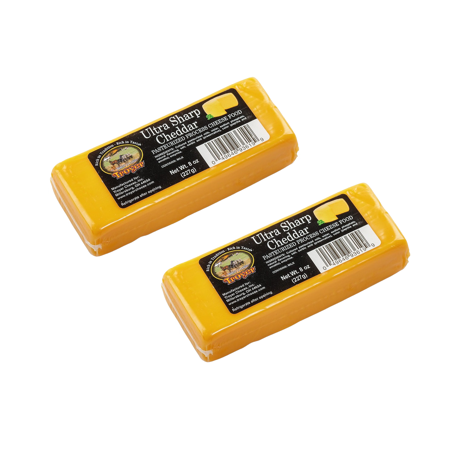 Two handcrafted shelf-stable ultra sharp cheddar cheese food blocks in 8-ounce sealed packs, made in USA, ideal for Kitchen & Food, Snacks and Sweets, Pantry, USA Made, Best Sellers, and Promo Eligible collections.