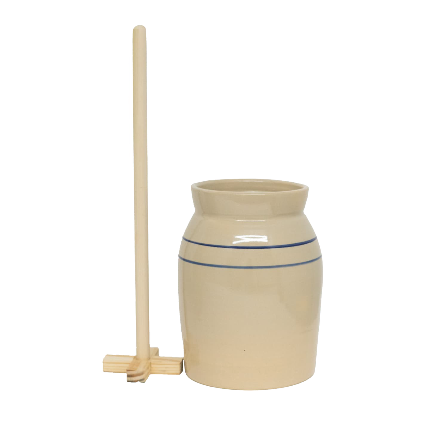 Handcrafted stoneware butter churn in natural stone color with smooth-sanded wooden dasher and traditional double blue stripe, made in USA, featured in Kitchen & Food and Specialty Equipment collections.