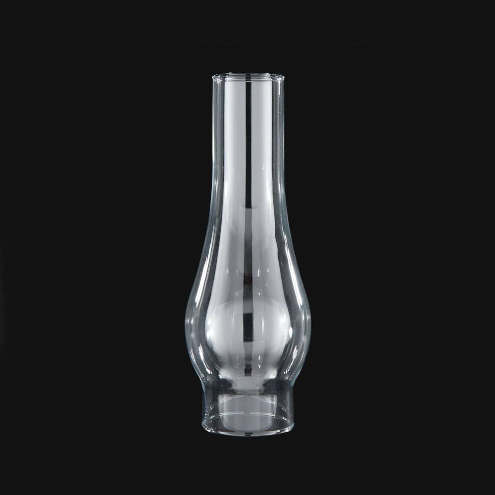 Glass oil lamp chimney with a 2-5/8 inch base and a bulbous midsection, handcrafted for use with vintage round wick lamps, ideal for lamps & lighting and parts & accessories collections.
