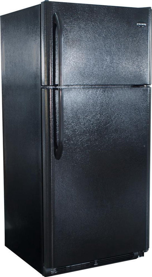 Tall black gas refrigerator with a top freezer compartment, featuring a textured finish and curved handles, handcrafted and popular in Appliances and Best Sellers collections.