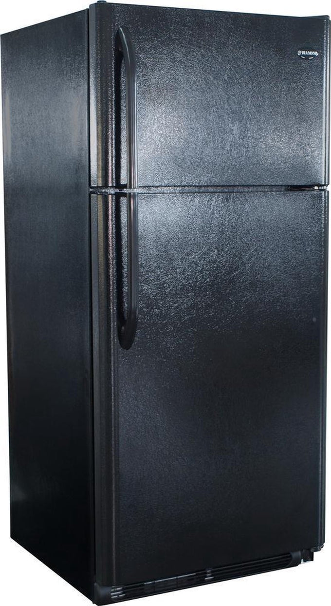 Tall black gas refrigerator with a top freezer compartment, featuring a textured finish and curved handles, handcrafted and popular in Appliances and Best Sellers collections.