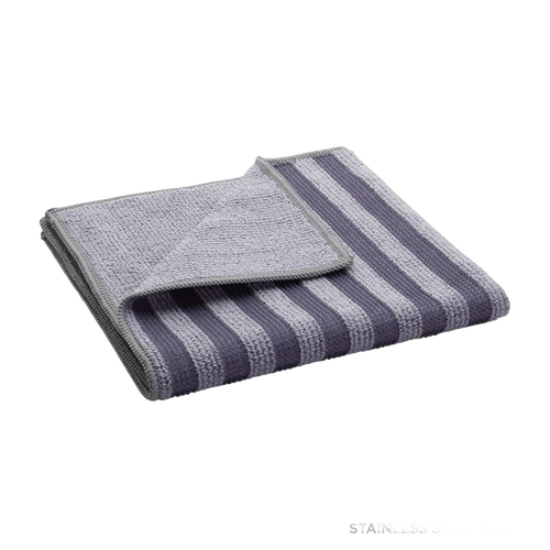Folded microfiber cleaning cloth featuring alternating dark and light gray stripes on one side and solid light gray loops on the other, designed for eco-friendly household cleaning, ideal for Home & Decor, Household Cleaning, Cleaning Utensils and Gadgets, Best Sellers, and Promo Eligible collections.