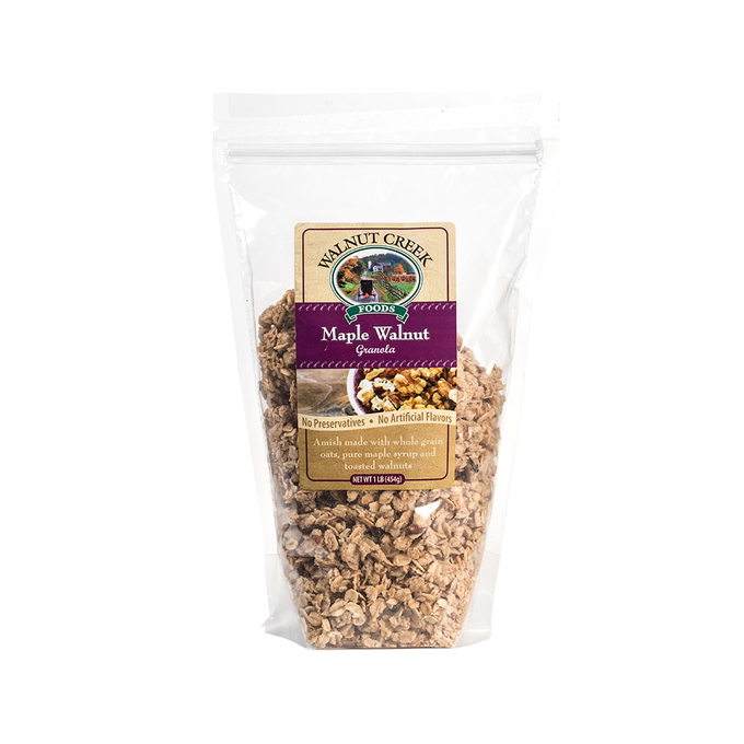 Clear resealable bag of handcrafted Amish-made granola with whole grain oats, maple syrup, and toasted walnuts, packaged in USA for Kitchen & Food and Snacks and Sweets collections.