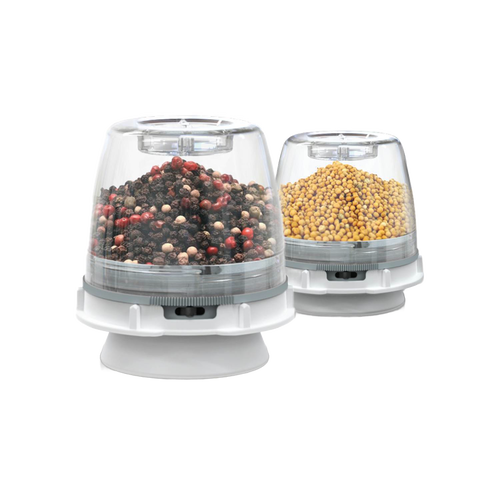 Two clear interchangeable grinding pods filled with mixed peppercorns and mustard seeds for an easy one-handed spice grinder, ideal for Kitchen & Food and Kitchen Gadgets collections.