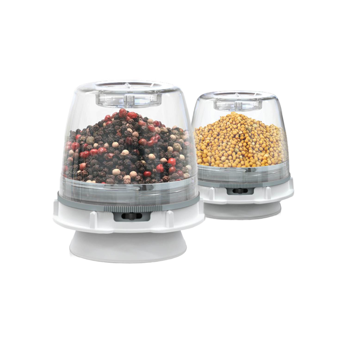 Two clear interchangeable grinding pods filled with mixed peppercorns and mustard seeds for an easy one-handed spice grinder, ideal for Kitchen & Food and Kitchen Gadgets collections.