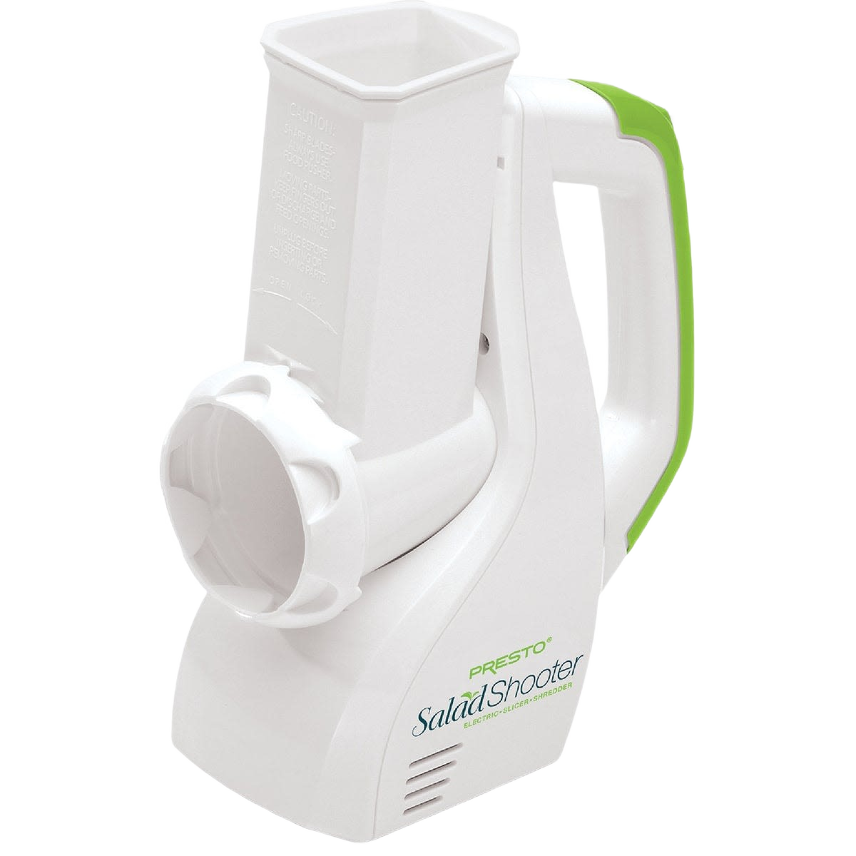 Compact electric kitchen gadget with white and green plastic body designed for easy slicing and shredding of vegetables and more, featured in Kitchen & Food and Food Prep collections.