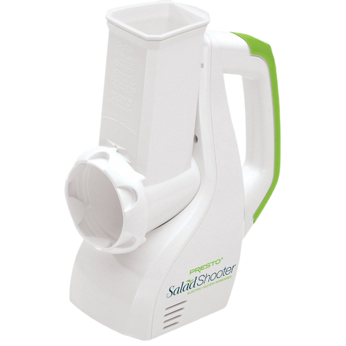 Compact electric kitchen gadget with white and green plastic body designed for easy slicing and shredding of vegetables and more, featured in Kitchen & Food and Food Prep collections.