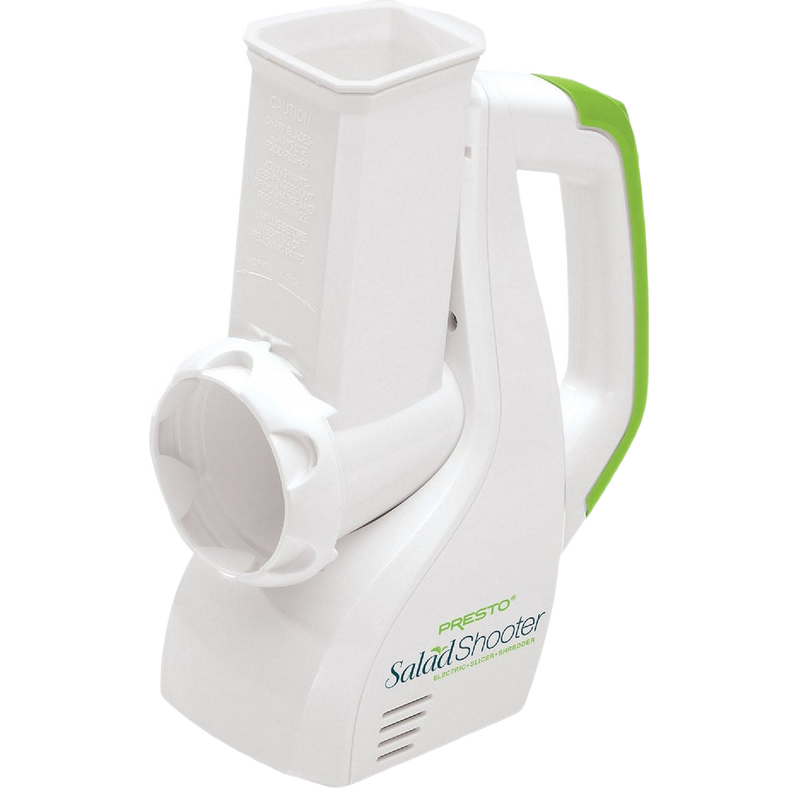 Compact electric kitchen gadget with white and green plastic body designed for easy slicing and shredding of vegetables and more, featured in Kitchen & Food and Food Prep collections.