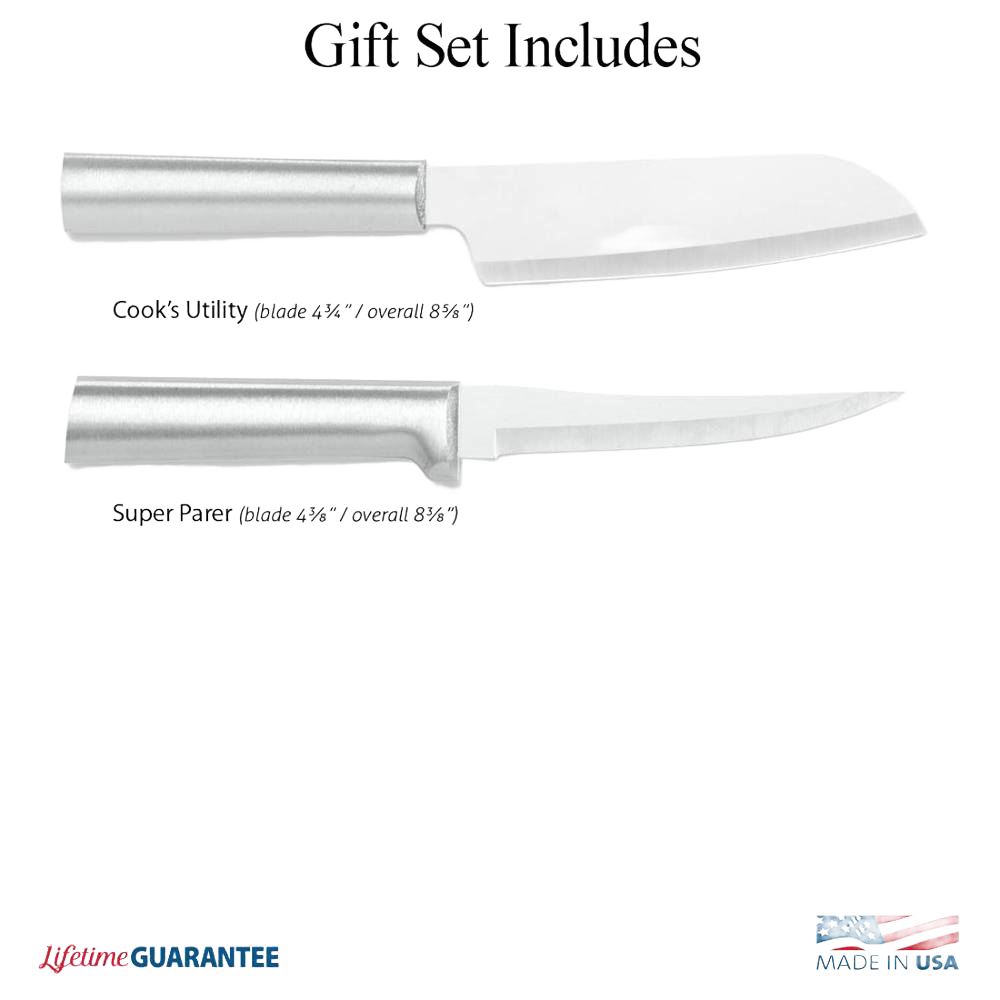 Two handcrafted stainless steel knives with sleek metal handles, including a 7-inch cook's utility blade and 3.5-inch super parer, made in USA for precise food prep, featured in Kitchen & Food and Farm, Garden & Tool collections.