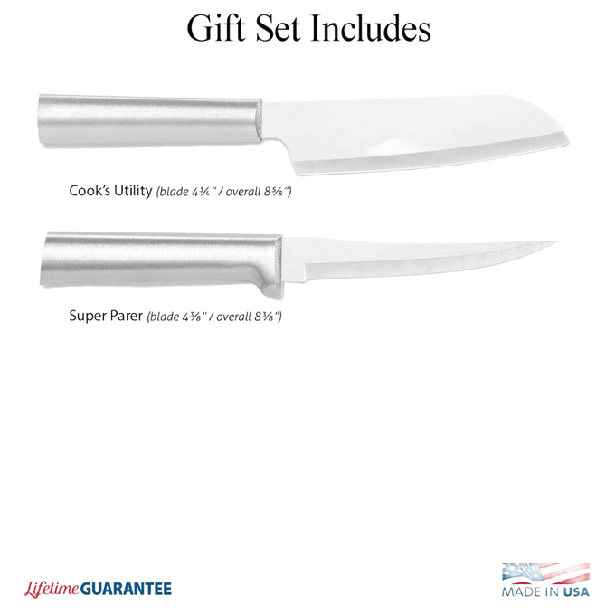 Two handcrafted stainless steel knives with sleek metal handles, including a 7-inch cook's utility blade and 3.5-inch super parer, made in USA for precise food prep, featured in Kitchen & Food and Farm, Garden & Tool collections.
