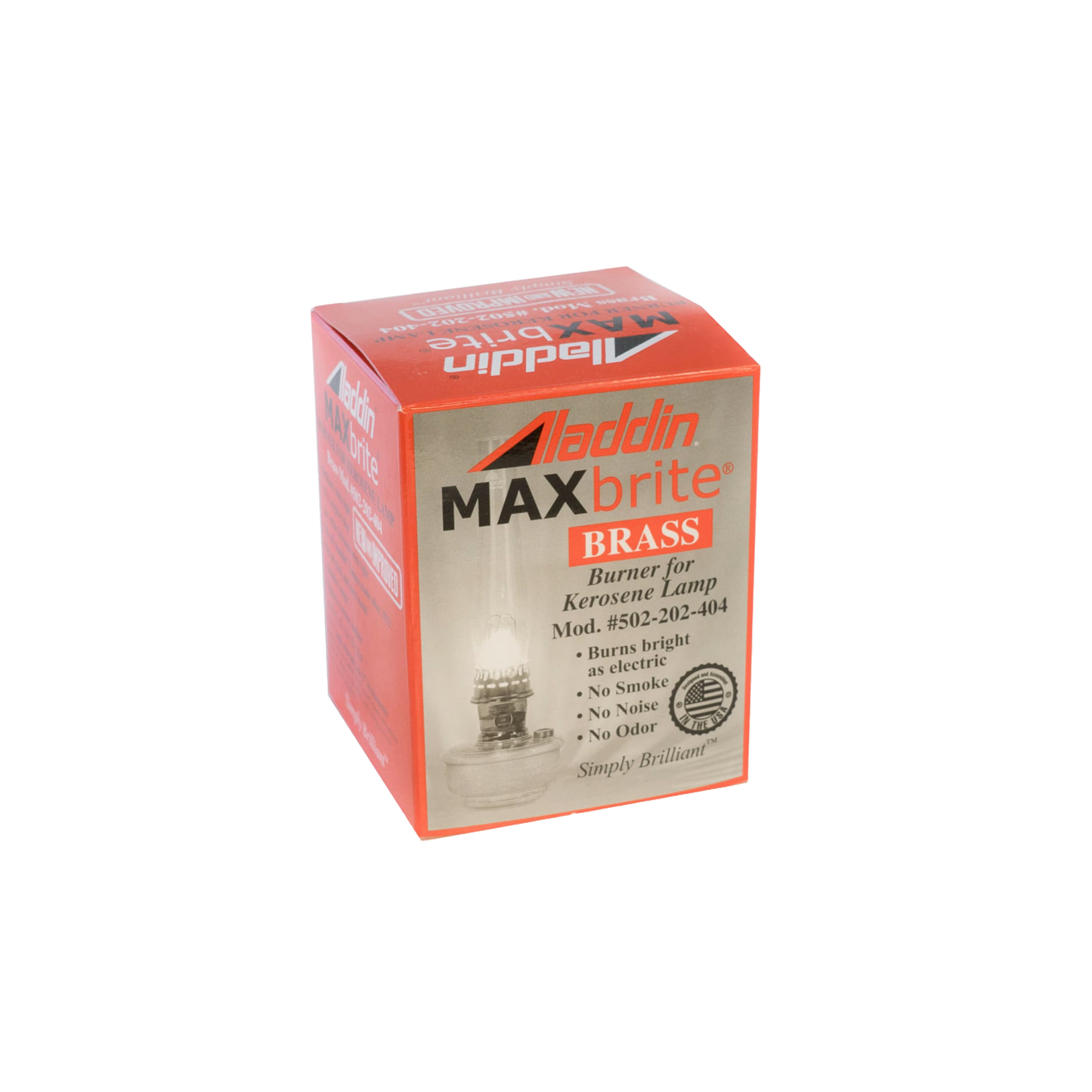 Aladdin MAXbrite brass burner packaging for kerosene lamp replacement, featured in Lamps & Lighting, Parts and Accessories, Lamp Burners and Collars, Best Sellers, Promo Eligible collections.