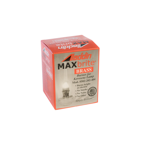 Aladdin MAXbrite brass burner packaging for kerosene lamp replacement, featured in Lamps & Lighting, Parts and Accessories, Lamp Burners and Collars, Best Sellers, Promo Eligible collections.