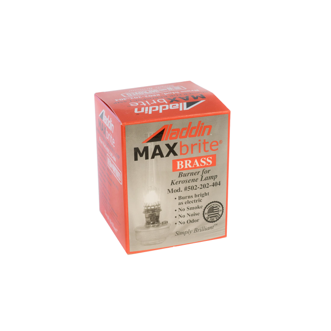 Aladdin MAXbrite brass burner packaging for kerosene lamp replacement, featured in Lamps & Lighting, Parts and Accessories, Lamp Burners and Collars, Best Sellers, Promo Eligible collections.