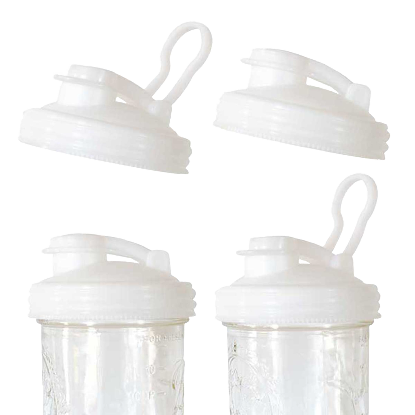 Set of translucent white wide-mouth pour lids with flip-top spouts and flexible carry loops, made from durable no-break plastic in the USA, featured in Kitchen & Food and Best Sellers collections.