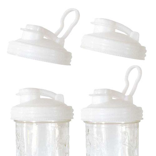 Set of translucent white wide-mouth pour lids with flip-top spouts and flexible carry loops, made from durable no-break plastic in the USA, featured in Kitchen & Food and Best Sellers collections.