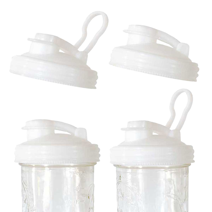 Set of translucent white wide-mouth pour lids with flip-top spouts and flexible carry loops, made from durable no-break plastic in the USA, featured in Kitchen & Food and Best Sellers collections.
