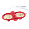 Red high heat resistant silicone egg poacher with a clear steam-releasing lid, holding two poached eggs sprinkled with black pepper, ideal for kitchen gadgets and cooking helpers collections.