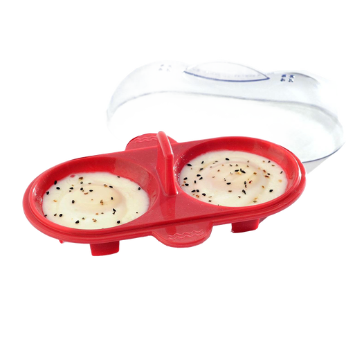 Red high heat resistant silicone egg poacher with a clear steam-releasing lid, holding two poached eggs sprinkled with black pepper, ideal for kitchen gadgets and cooking helpers collections.