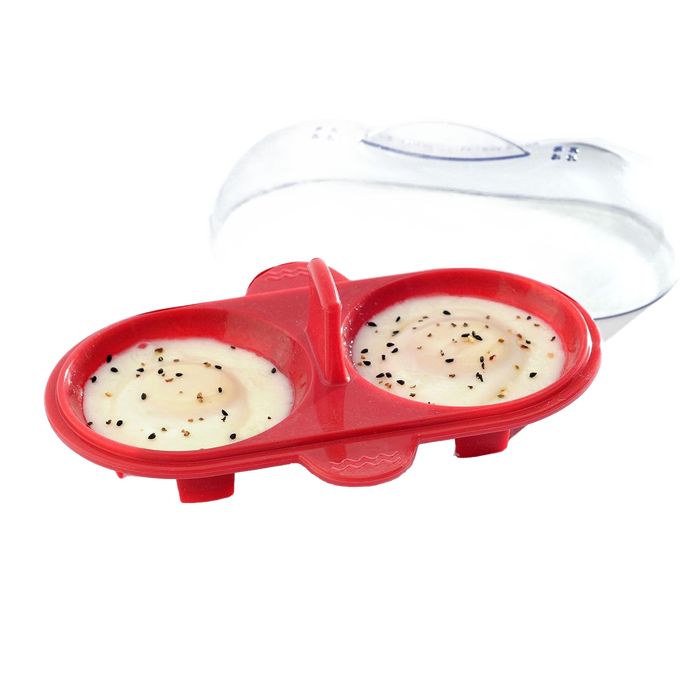 Red high heat resistant silicone egg poacher with a clear steam-releasing lid, holding two poached eggs sprinkled with black pepper, ideal for kitchen gadgets and cooking helpers collections.