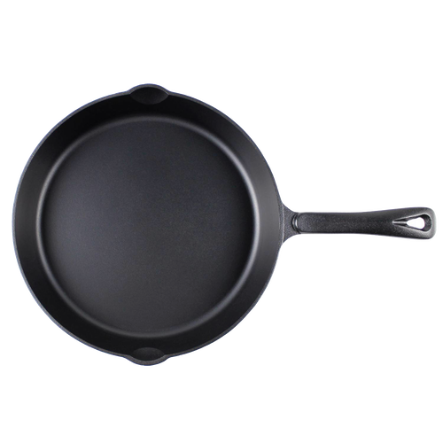 Handcrafted nitrogen-hardened cast iron skillet with smooth, stick-resistant surface and dual pouring spouts, designed for long-lasting use in Kitchen & Food, Cookware, Cast Iron, Best Sellers, and Promo Eligible collections.