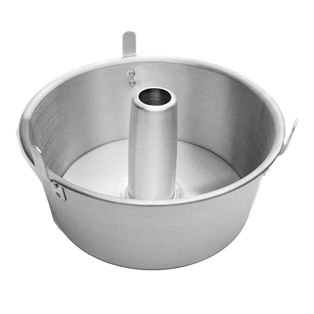 Traditional aluminum angel food cake pan with removable bottom and central tube, designed for even baking and cooling, ideal for Kitchen & Food, Cookware, Baking Supplies, and Best Sellers collections.