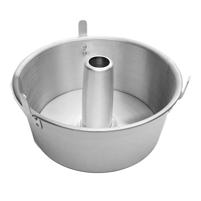 Traditional aluminum angel food cake pan with removable bottom and central tube, designed for even baking and cooling, ideal for Kitchen & Food, Cookware, Baking Supplies, and Best Sellers collections.