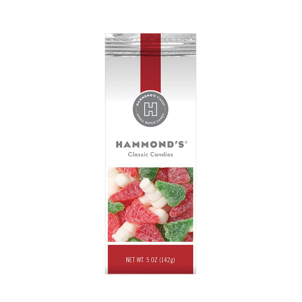 Handcrafted, USA-made Christmas gummies in a 5-ounce bag featuring sugar-coated red, green, and white tree and snowman shapes, ideal for Kitchen & Food, Snacks and Sweets, Candy, USA Made, Best Sellers, and Promo Eligible collections.