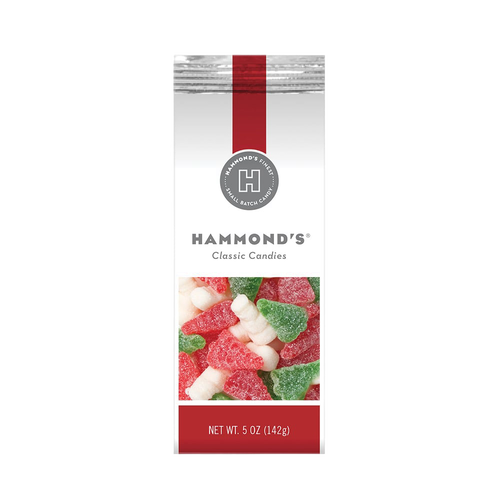 Handcrafted, USA-made Christmas gummies in a 5-ounce bag featuring sugar-coated red, green, and white tree and snowman shapes, ideal for Kitchen & Food, Snacks and Sweets, Candy, USA Made, Best Sellers, and Promo Eligible collections.
