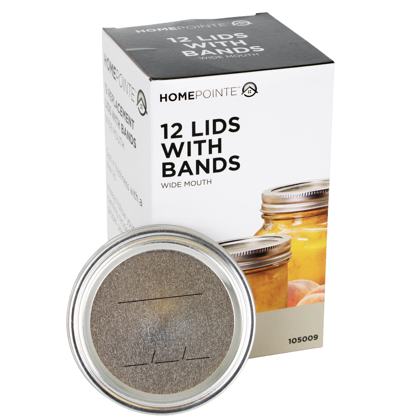 Box of 12 wide-mouth metal lids and screw bands featuring BPA-free sealing compound, designed for Kitchen & Food, Food Preservation, Canning, Canning Jar Lids and Bands, and Best Sellers collections.