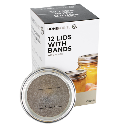 Box of 12 wide-mouth metal lids and screw bands featuring BPA-free sealing compound, designed for Kitchen & Food, Food Preservation, Canning, Canning Jar Lids and Bands, and Best Sellers collections.