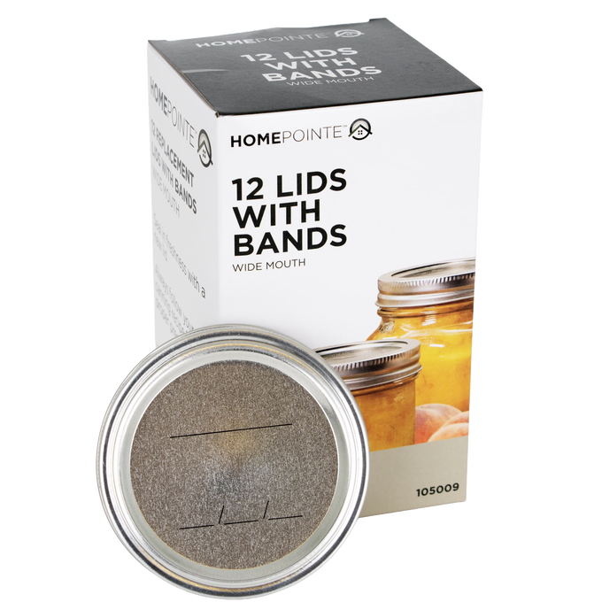 Box of 12 wide-mouth metal lids and screw bands featuring BPA-free sealing compound, designed for Kitchen & Food, Food Preservation, Canning, Canning Jar Lids and Bands, and Best Sellers collections.