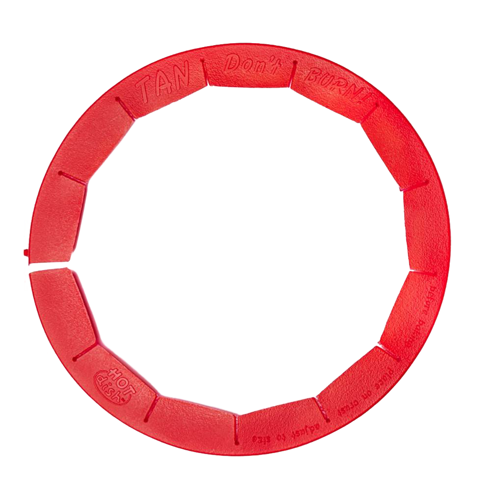Adjustable red silicone shield designed to protect pie crust edges from overbrowning during baking, heat resistant and dishwasher safe, ideal for Kitchen & Food and Baking Supplies collections.