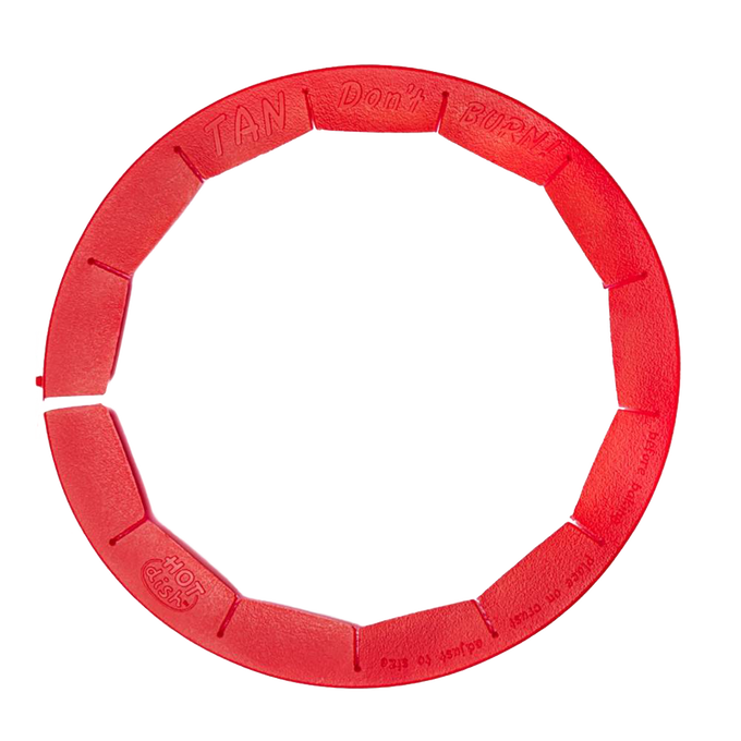 Adjustable red silicone shield designed to protect pie crust edges from overbrowning during baking, heat resistant and dishwasher safe, ideal for Kitchen & Food and Baking Supplies collections.