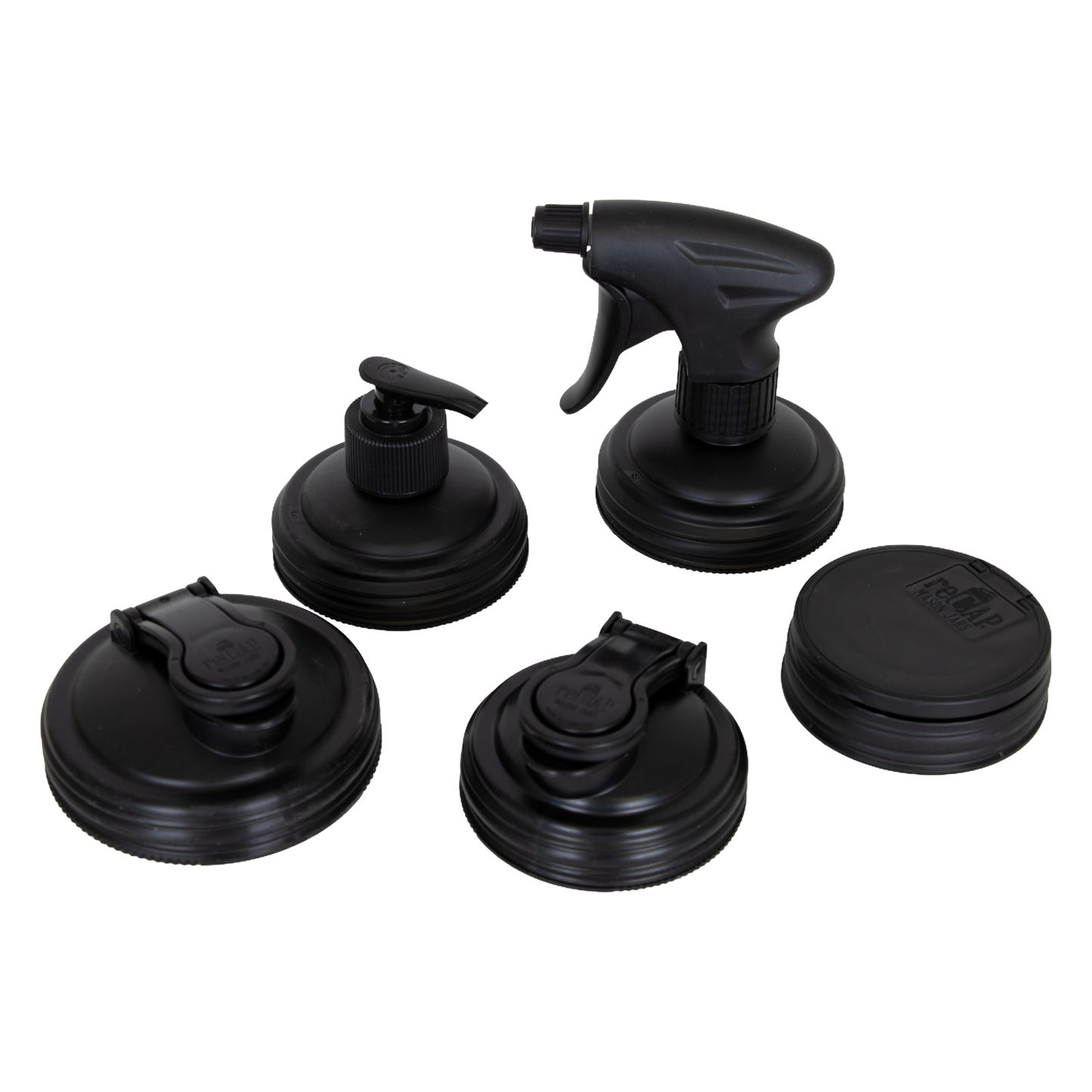 Set of five black reusable mason jar lids featuring various functional tops including pump and spray, crafted in the USA for eco-friendly home use in Home & Decor and Household Helpers collections.