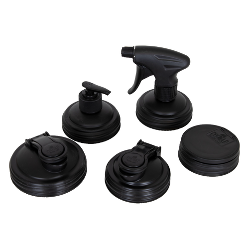 Set of five black reusable mason jar lids featuring various functional tops including pump and spray, crafted in the USA for eco-friendly home use in Home & Decor and Household Helpers collections.