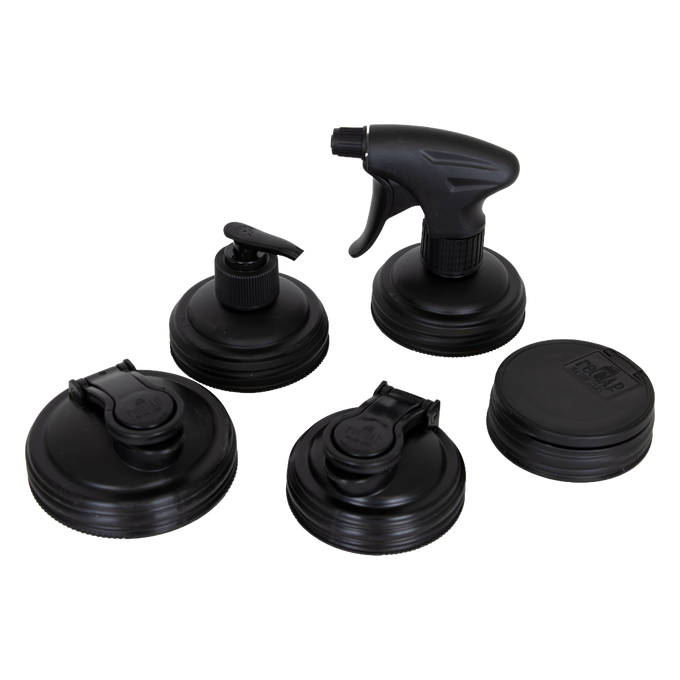 Set of five black reusable mason jar lids featuring various functional tops including pump and spray, crafted in the USA for eco-friendly home use in Home & Decor and Household Helpers collections.