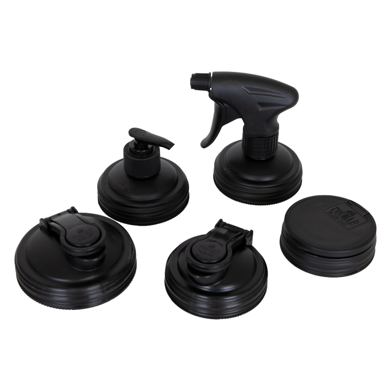 Set of five black reusable mason jar lids featuring various functional tops including pump and spray, crafted in the USA for eco-friendly home use in Home & Decor and Household Helpers collections.
