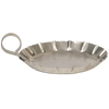 Handcrafted tin candle holder with a colonial-style crimped edge and curved finger loop, made in USA, ideal for holding pillar candles in Lamps & Lighting and Candleholders collections.
