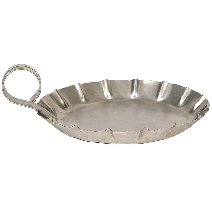 Handcrafted tin candle holder with a colonial-style crimped edge and curved finger loop, made in USA, ideal for holding pillar candles in Lamps & Lighting and Candleholders collections.