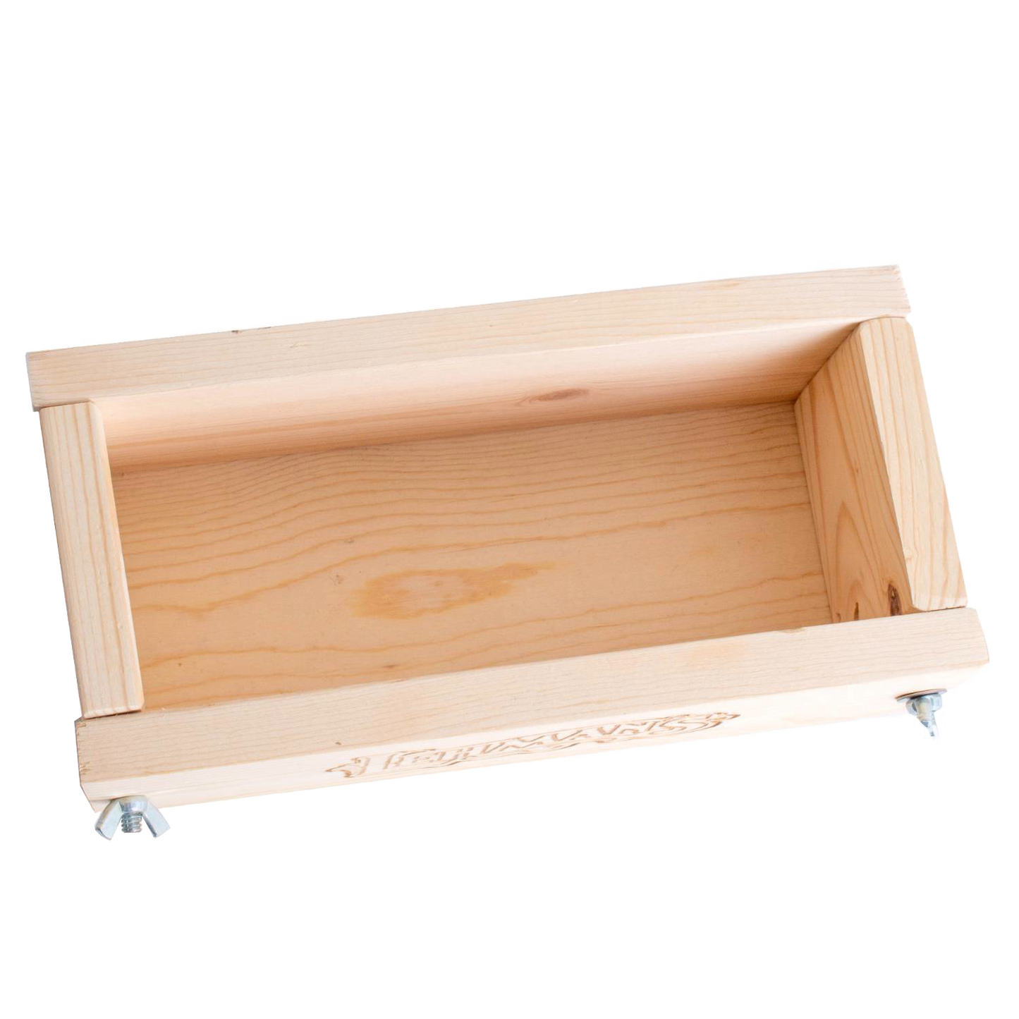 Handcrafted wooden soap loaf mold made of durable pine with adjustable clamps, ideal for cold process soapmaking in Health & Wellness and Soaps and Soapmaking collections.
