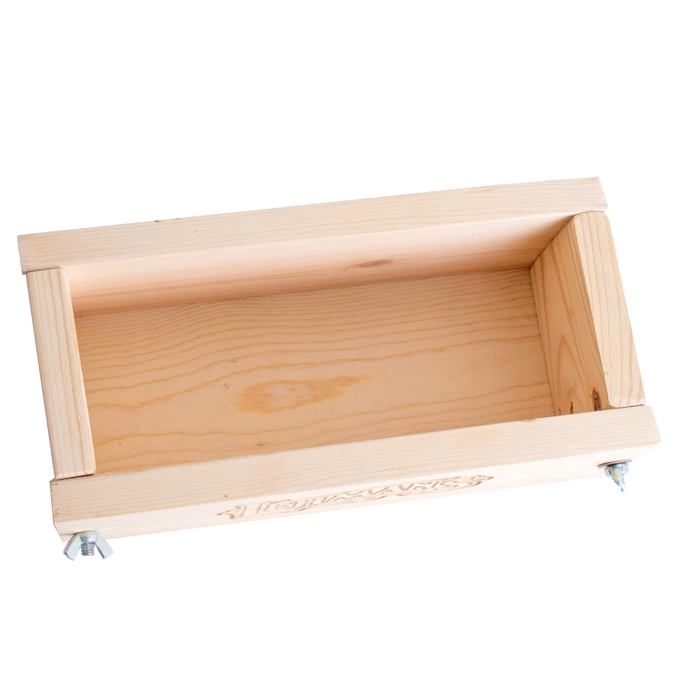 Handcrafted wooden soap loaf mold made of durable pine with adjustable clamps, ideal for cold process soapmaking in Health & Wellness and Soaps and Soapmaking collections.