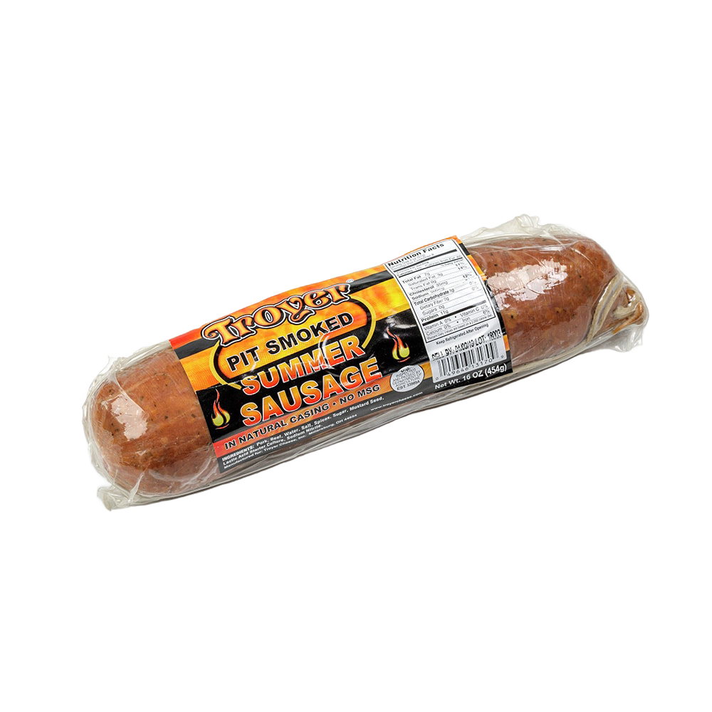Handcrafted pit smoked summer sausage in vacuum-sealed packaging with natural casing, made in USA, perfect for Kitchen & Food, Snacks and Sweets, Pantry, Meats, USA Made, and Best Sellers collections.
