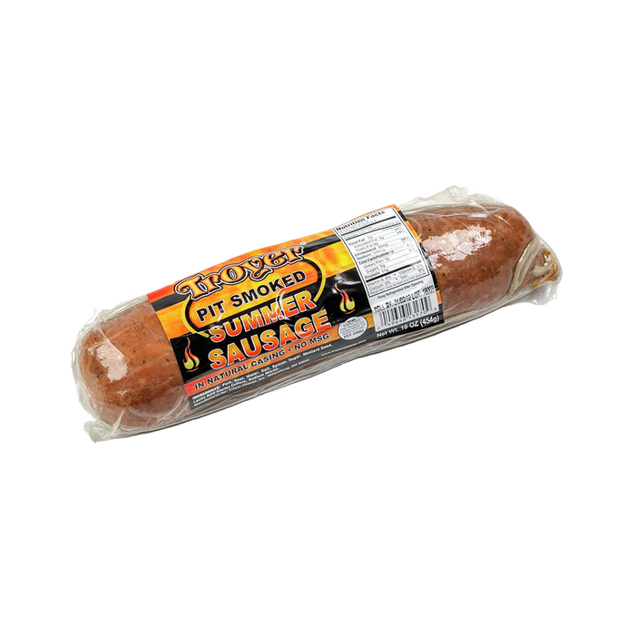 Handcrafted pit smoked summer sausage in vacuum-sealed packaging with natural casing, made in USA, perfect for Kitchen & Food, Snacks and Sweets, Pantry, Meats, USA Made, and Best Sellers collections.