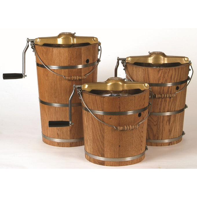 Set of three handcrafted wooden ice cream freezers with metal bands and hand cranks, featuring Amish made rugged construction, ideal for Kitchen & Food and Specialty Equipment collections.