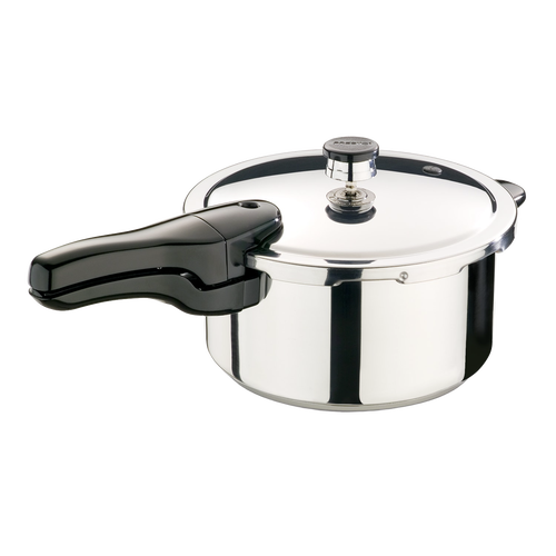 Handcrafted stainless steel pressure cooker with a polished finish and ergonomic black handle, suitable for Kitchen & Food, Cookware, Pots and Pans, Best Sellers, and Promo Eligible collections.